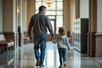 Père et fille dans un couloir de tribunal moderne