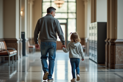 Père et fille dans un couloir de tribunal moderne