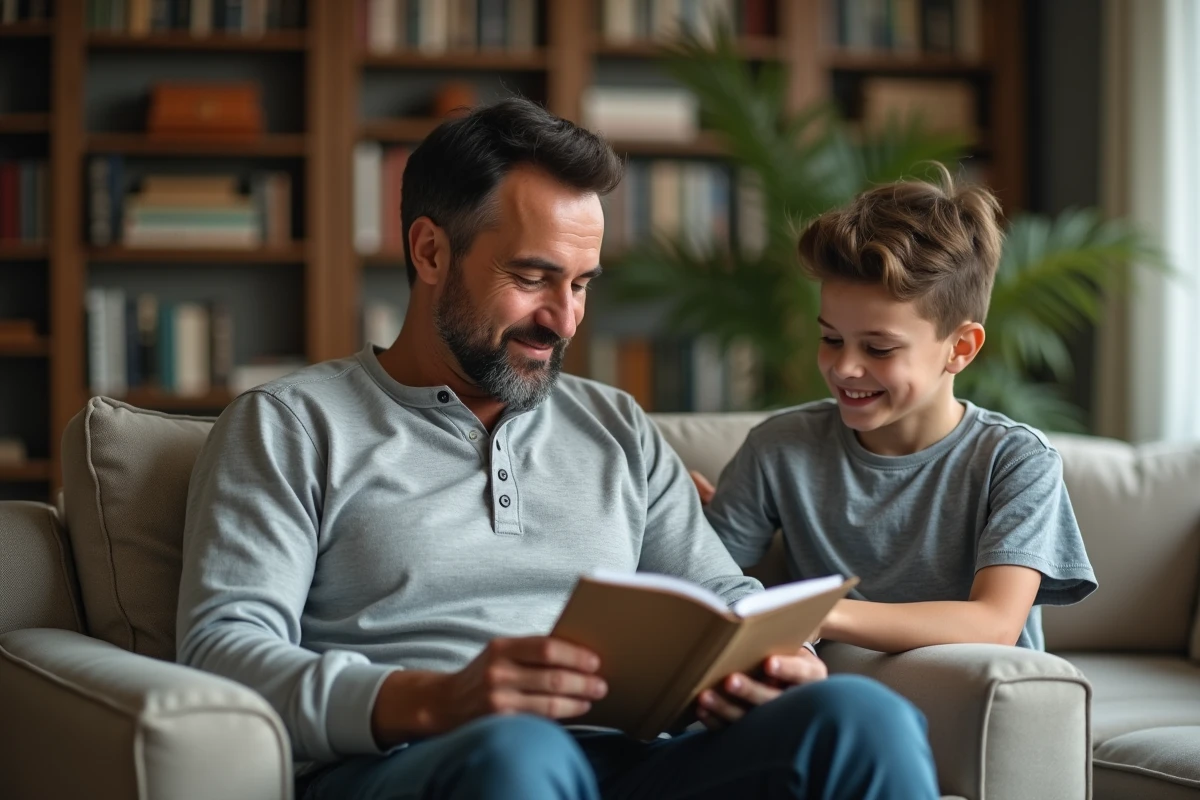 Père lisant un poème imprimé pour la fête des pères avec son fils adolescent dans le salon