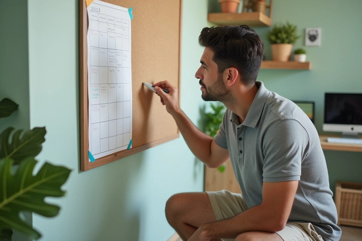 Père de famille réunionnais organisant le planning des vacances scolaires 2026 devant un tableau de liège à La Réunion