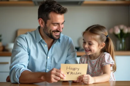 Père souriant recevant une carte de fête des pères faite à la main de sa fille à la table de cuisine