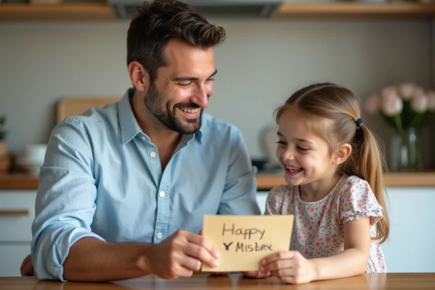 Père souriant recevant une carte de fête des pères faite à la main de sa fille à la table de cuisine