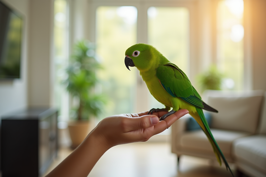 Perroquet vert coloré sur la main dans un salon lumineux