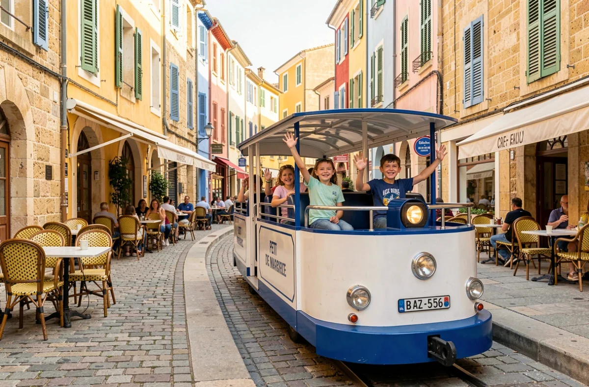 Trois enfants joyeux agitant la main depuis le Petit Train touristique traversant les rues du Vieux-Port de Marseille