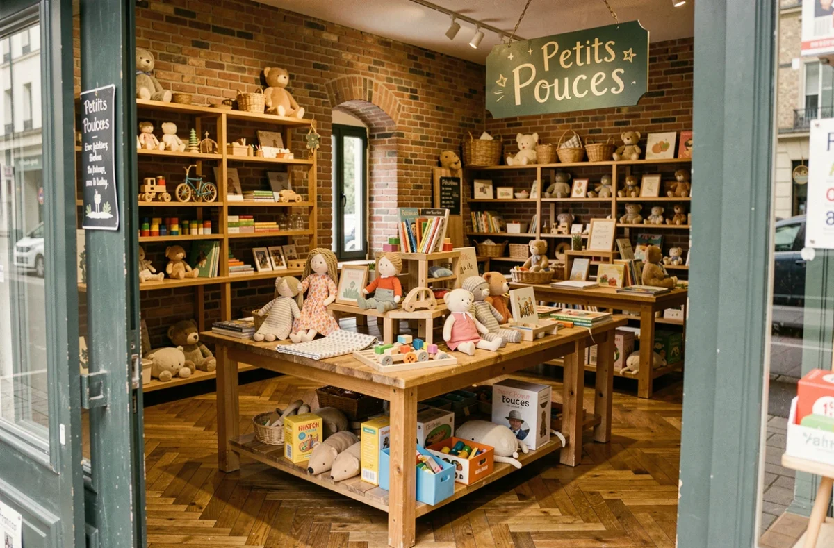 Intérieur de la boutique Petits Pouces à Bordeaux avec des jouets en bois artisanaux et des poupées en tissu