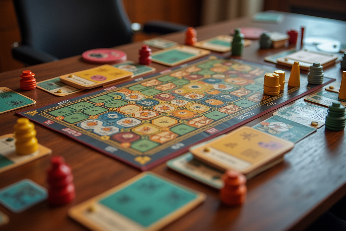 Vue de dessus de pions cartes et dés de jeu colorés