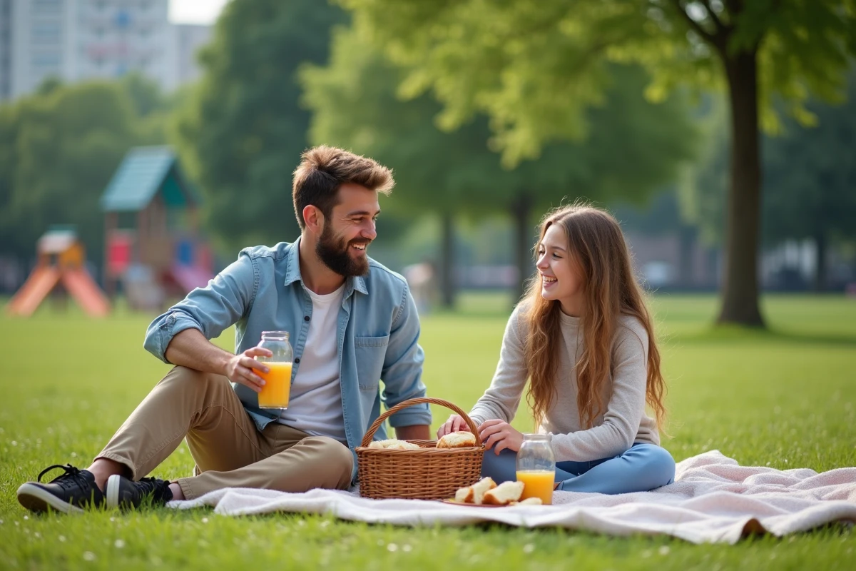Père et fille partageant un pique-nique dans un parc