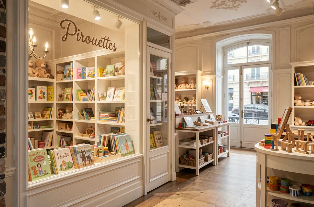 Boutique Pirouettes à Bordeaux avec des jouets éducatifs et des livres illustrés dans un cadre architectural élégant