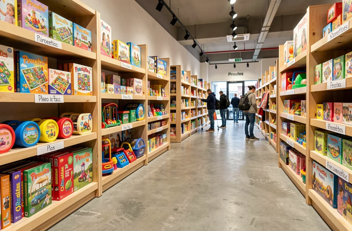 Rayons colorés du magasin Pirouettes à Pessac avec des jeux de société et des jouets créatifs pour toute la famille