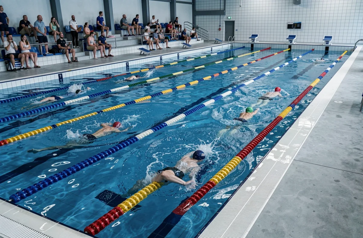 Piscine olympique Camille Muffat à Lille avec nageurs et couloirs de compétition