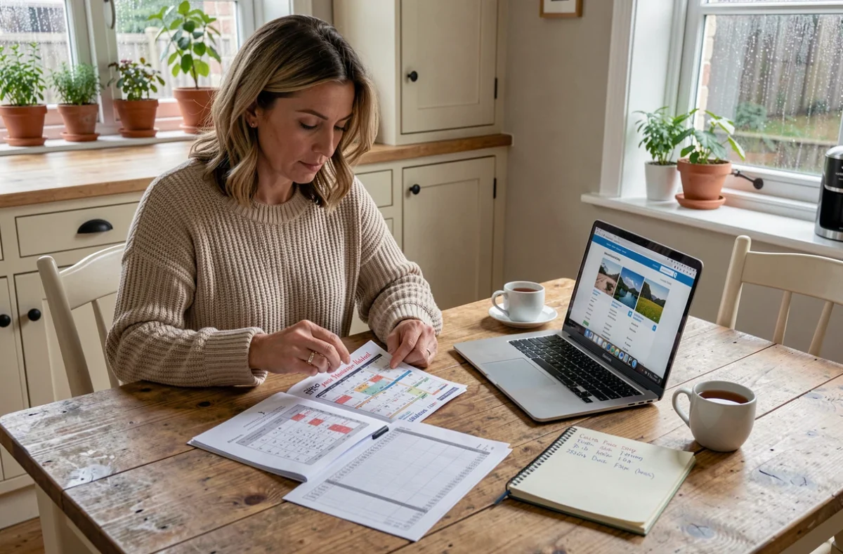 Femme planifiant un voyage économique en consultant le calendrier des vacances scolaires anglaises 2026 depuis son domicile