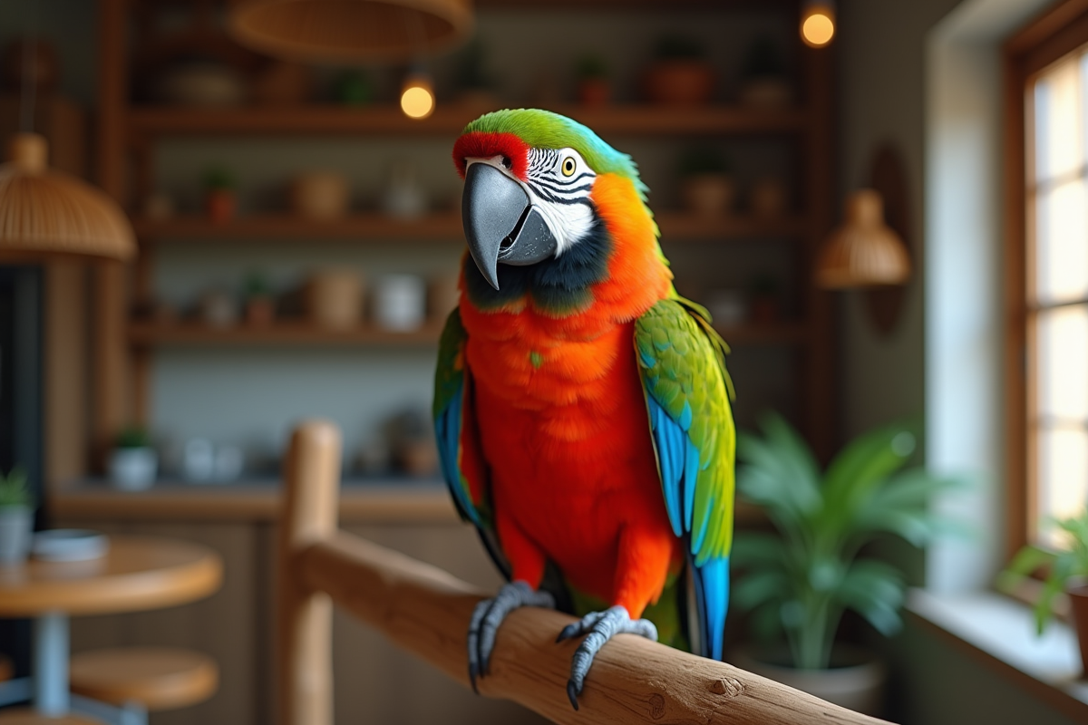 Portrait rapproché d un perroquet coloré sur une branche en intérieur