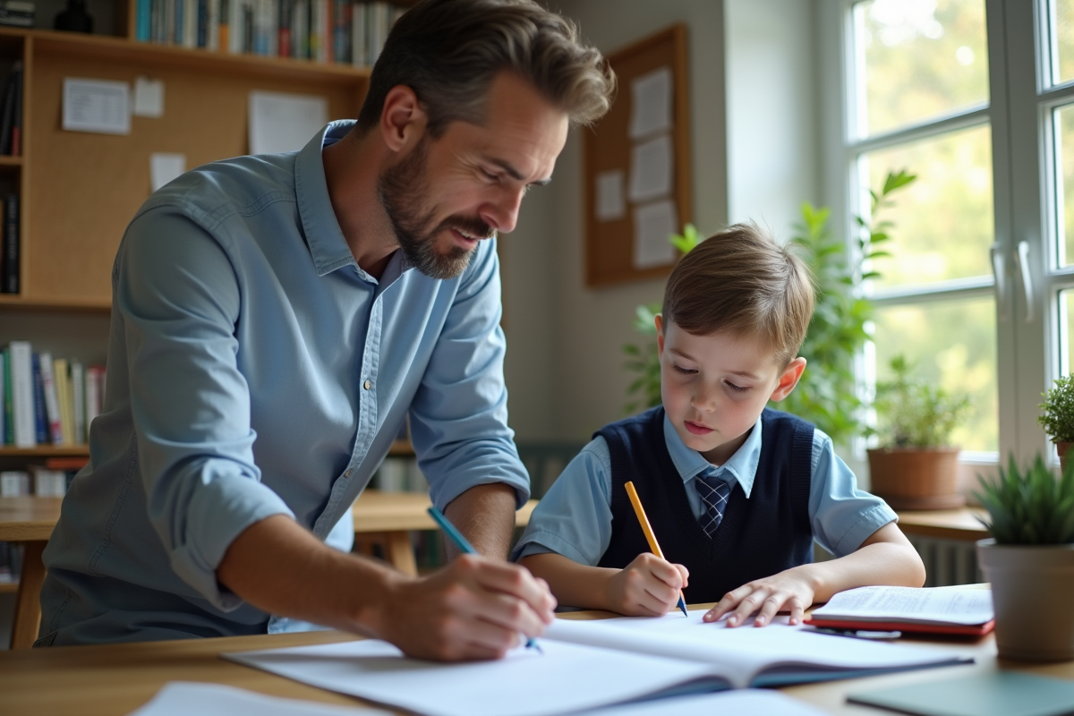 Père et fils travaillent ensemble à un bureau organisé