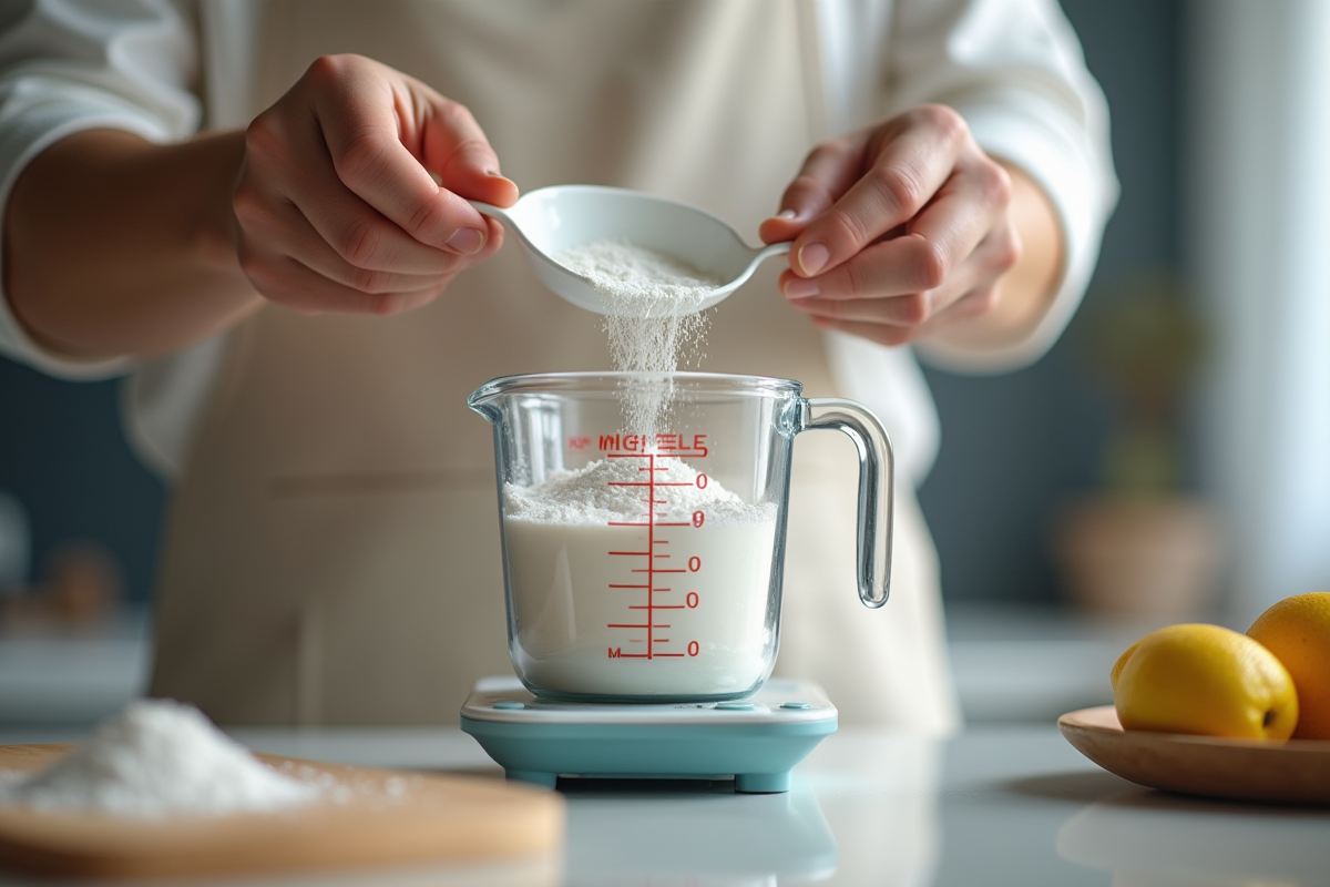 Mains versant de la poudre de lait dans un gobelet de mesure