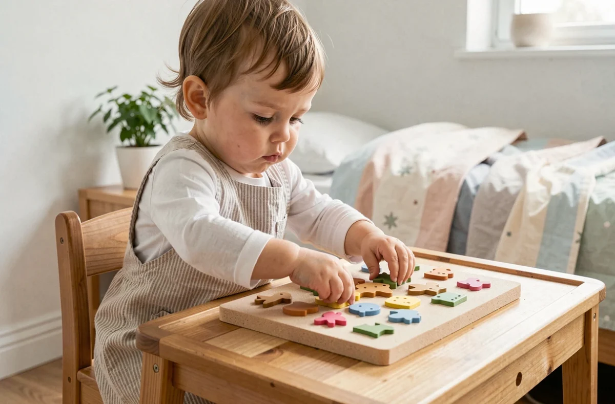 Tout-petit de 2 ans assemblant un puzzle en mousse adapté à la motricité fine