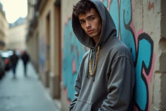Portrait urbain d'un rappeur français en hoodie devant un mur de graffitis à Paris, ambiance intimiste et lifestyle