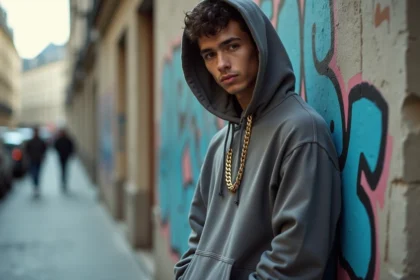 Portrait urbain d'un rappeur français en hoodie devant un mur de graffitis à Paris, ambiance intimiste et lifestyle
