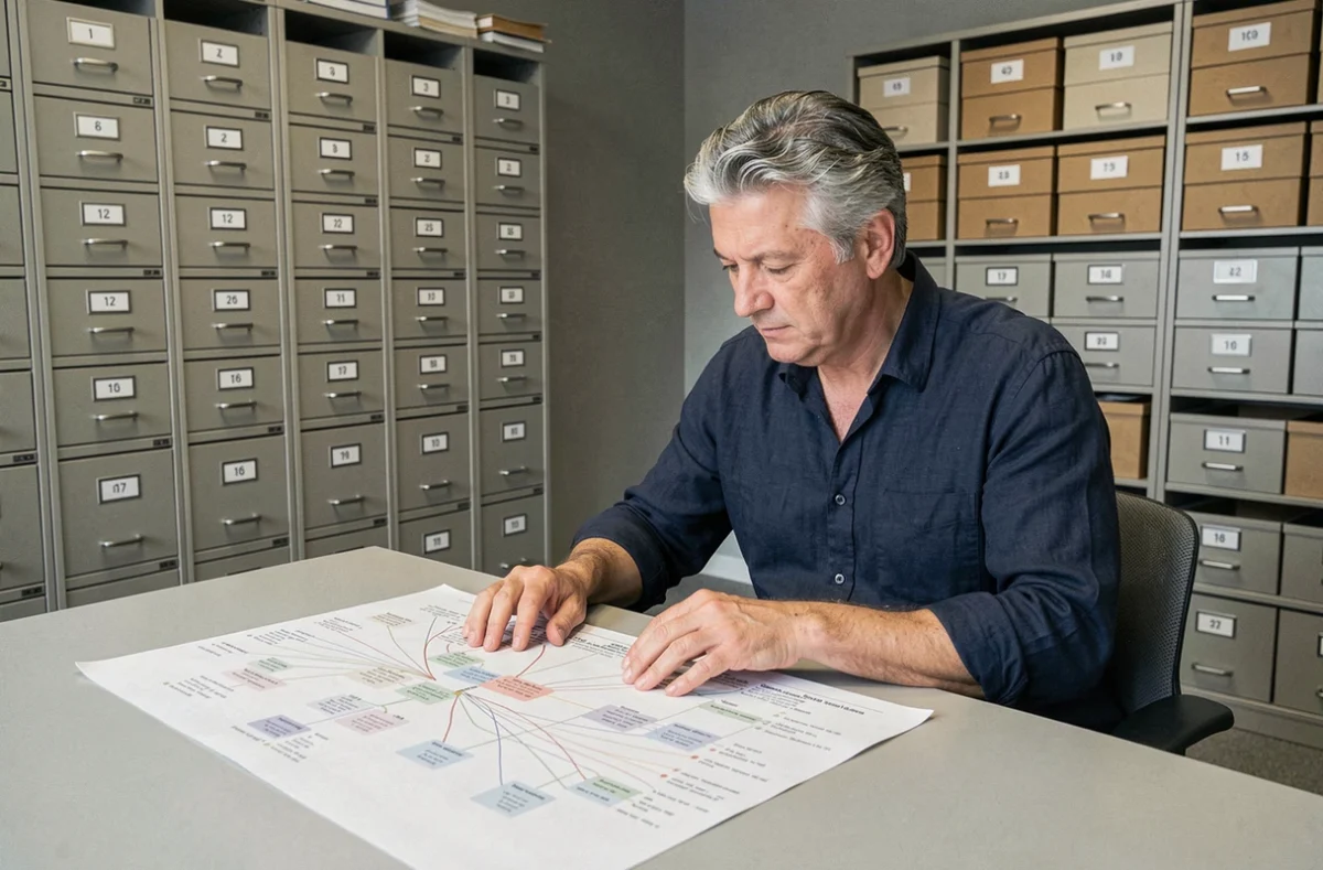 Homme effectuant des recherches généalogiques dans une salle des archives avec un arbre généalogique imprimé