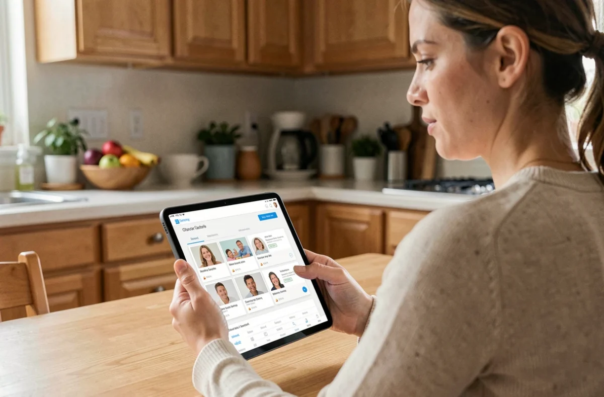 Mère recherchant une nounou en ligne sur une application de garde d'enfants depuis sa cuisine