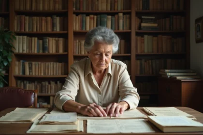 Femme consultant des archives familiales et documents généalogiques dans une bibliothèque privée