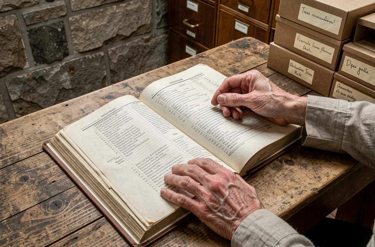 Mains feuilletant un registre généalogique ancien dans une salle d'archives officielles