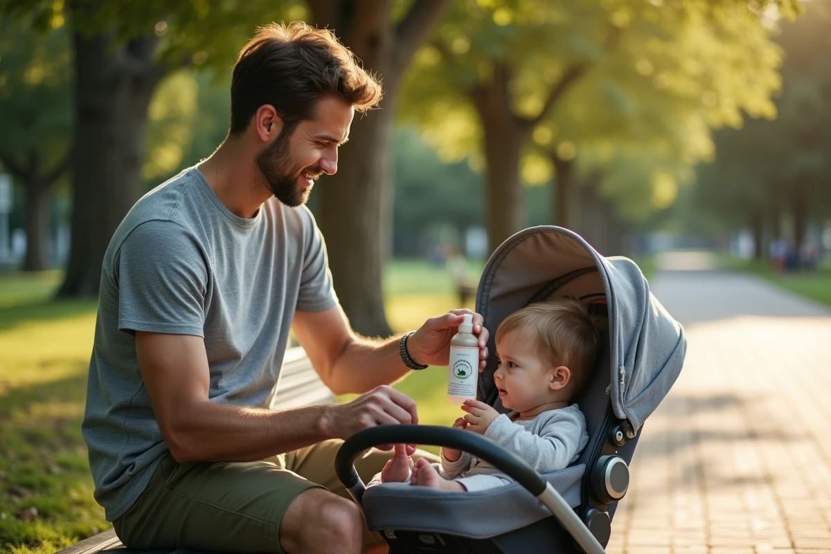 Papa appliquant un spray répulsif moustique naturel près d'une poussette avec filet dans un parc