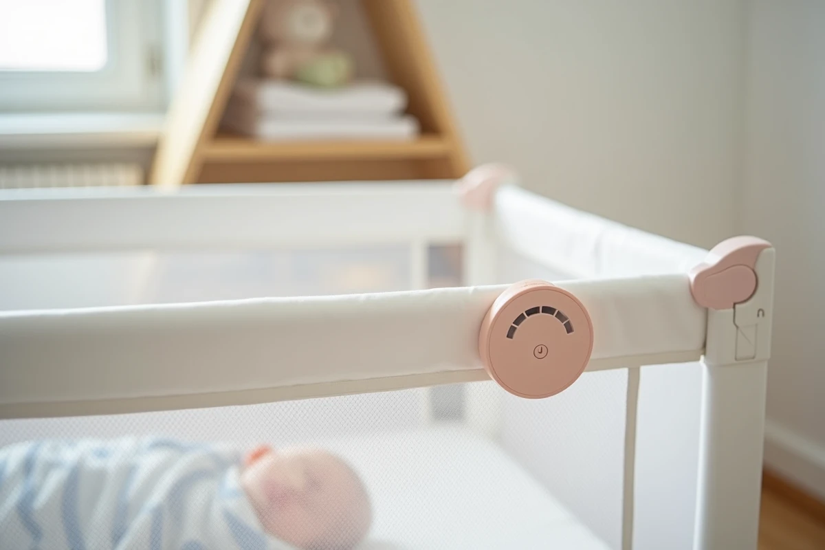 Diffuseur répulsif moustique fixé sur un lit parapluie dans une chambre de bébé