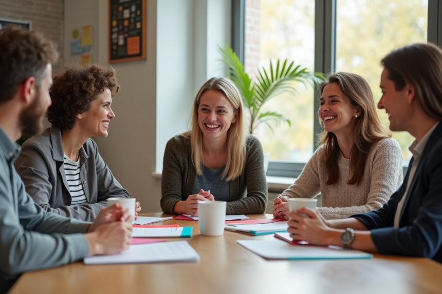 Groupe de parents et enseignants souriants autour d'une table en classe