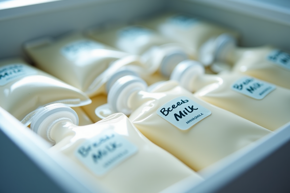Sacs de lait maternel stockes dans un congélateur moderne