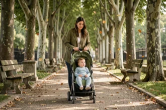 Mère promenant son bébé d'un an dans une allée calme d'un parc parisien, loin de la foule