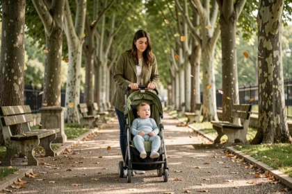 Mère promenant son bébé d'un an dans une allée calme d'un parc parisien, loin de la foule