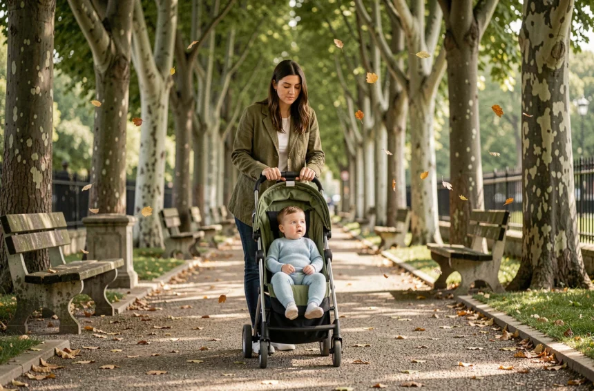 Mère promenant son bébé d'un an dans une allée calme d'un parc parisien, loin de la foule