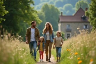 Famille heureuse se promenant dans un site de loisirs du Val-d'Oise entouré de verdure et d'architecture historique