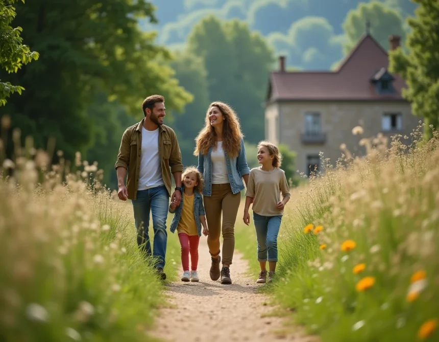 Famille heureuse se promenant dans un site de loisirs du Val-d'Oise entouré de verdure et d'architecture historique