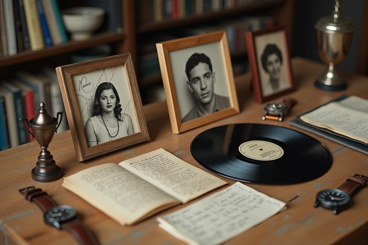 Objets souvenirs familiaux vintage sur une table en bois, évoquant l'histoire et la mémoire de la famille recomposée de Ronnie Turner