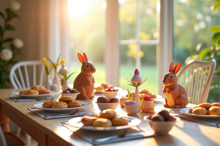 Table de brunch de Pâques en famille avec chocolats lapin et fleurs