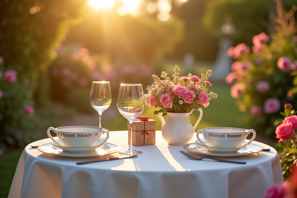 Table d anniversaire en plein air avec fleurs et cadeaux dans un jardin