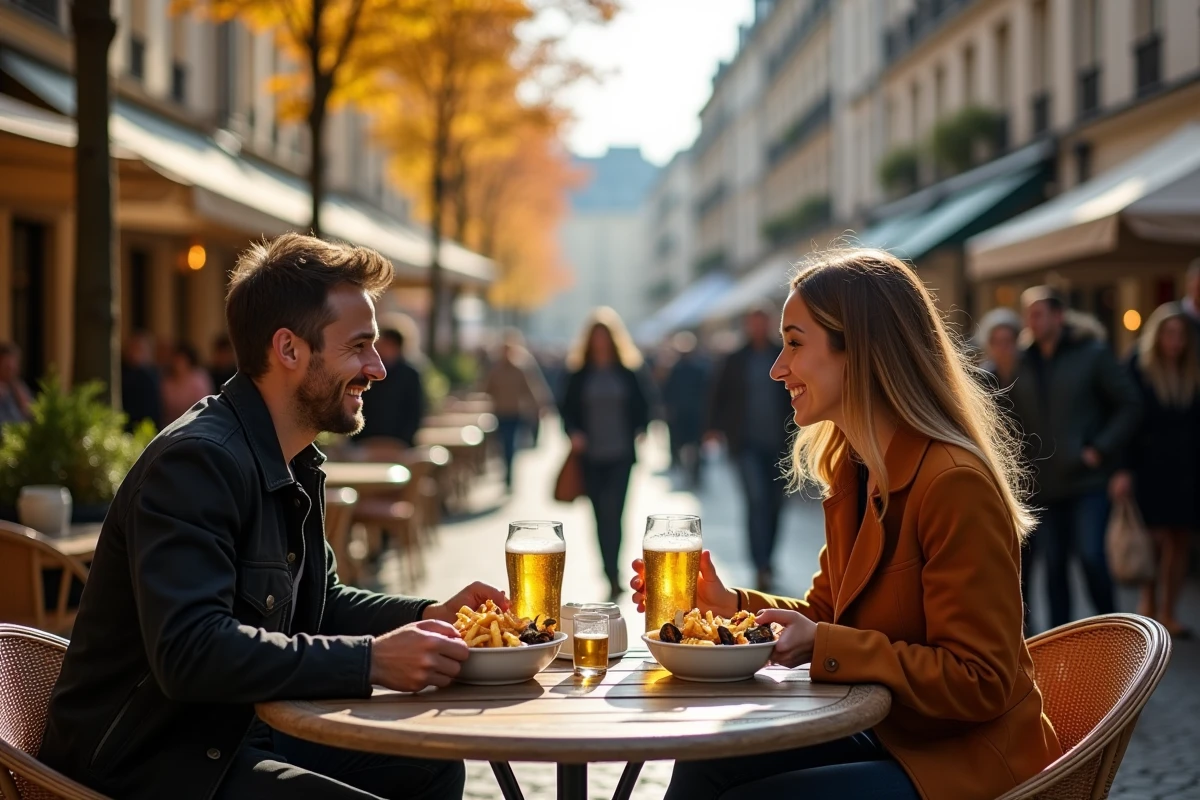 Couple attablé en terrasse à Lille dégustant des moules-frites pendant le week-end de la braderie ou de la foire