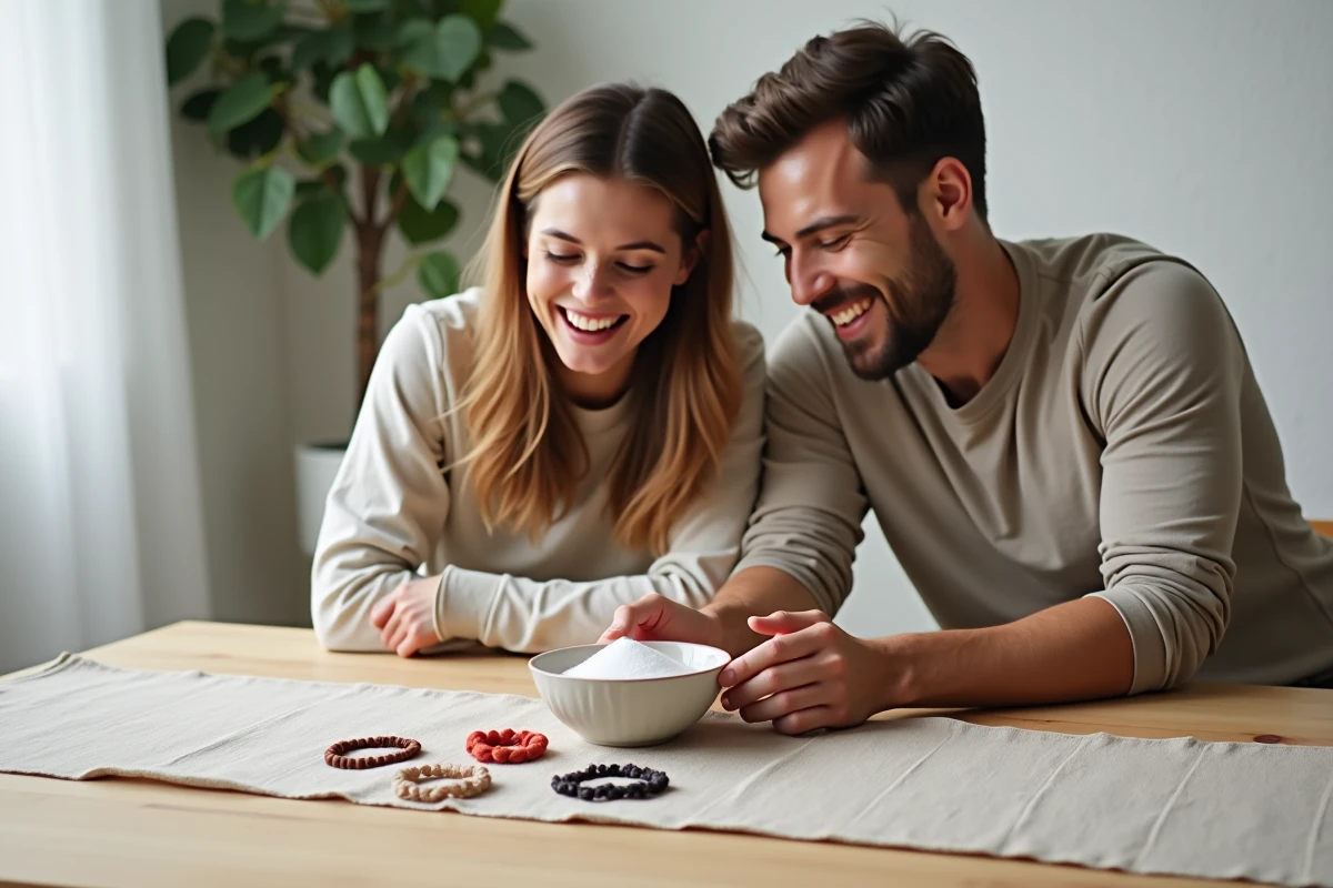 Couple souriant autour d'un bol de sel et d'accessoires bébé, réalisant ensemble le test du sel fille ou garçon