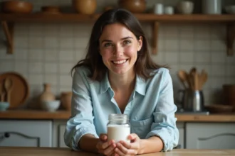 Jeune femme tenant un bocal de sel dans une cuisine rustique, illustrant le test du sel pour prédire le sexe du bébé
