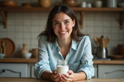 Jeune femme tenant un bocal de sel dans une cuisine rustique, illustrant le test du sel pour prédire le sexe du bébé