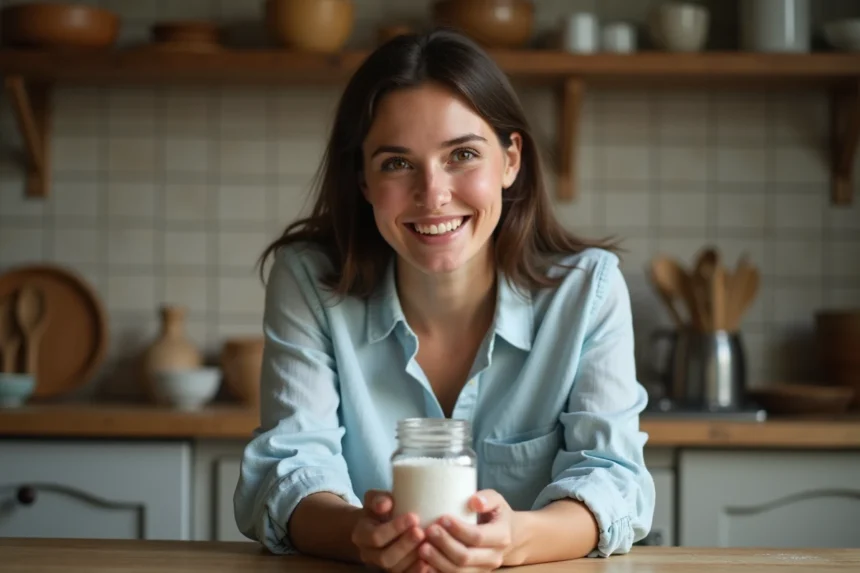 Jeune femme tenant un bocal de sel dans une cuisine rustique, illustrant le test du sel pour prédire le sexe du bébé
