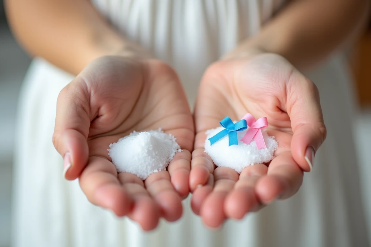 Mains tenant du sel avec un ruban rose et bleu symbolisant le test populaire pour deviner le sexe du bébé