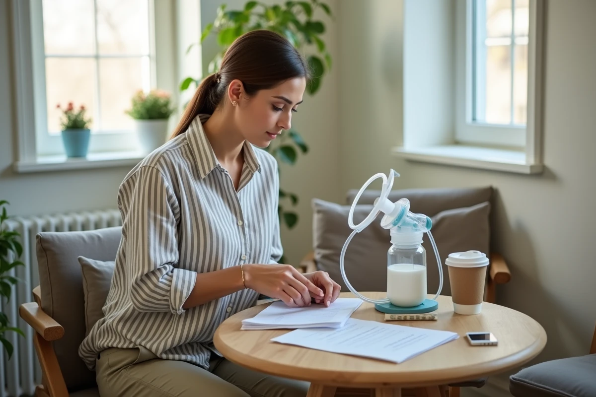 Femme utilisant un tire-lait dans une salle de pause au travail tout en consultant des documents, illustrant l'organisation pratique du temps partiel pour allaitement en entreprise