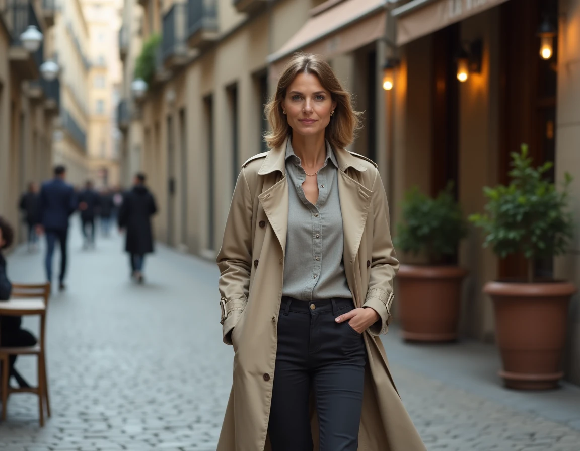 Femme marchant discrètement dans une rue pavée européenne, illustrant la discrétion médiatique et la vie privée de Véronique Jacquier