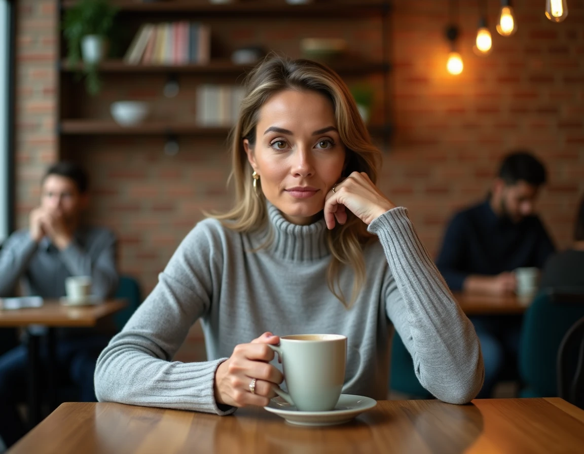 Femme pensive attablée dans un café chaleureux, symbolisant la curiosité du public pour la vie privée et l'intimité de Véronique Jacquier