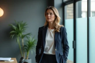 Femme élégante et discrète dans un bureau éditorial moderne, évoquant la vie privée et la réserve médiatique de Véronique Jacquier