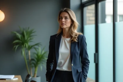 Femme élégante et discrète dans un bureau éditorial moderne, évoquant la vie privée et la réserve médiatique de Véronique Jacquier